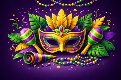 Mardi Gras Carnival Mask With Maracas And Beads