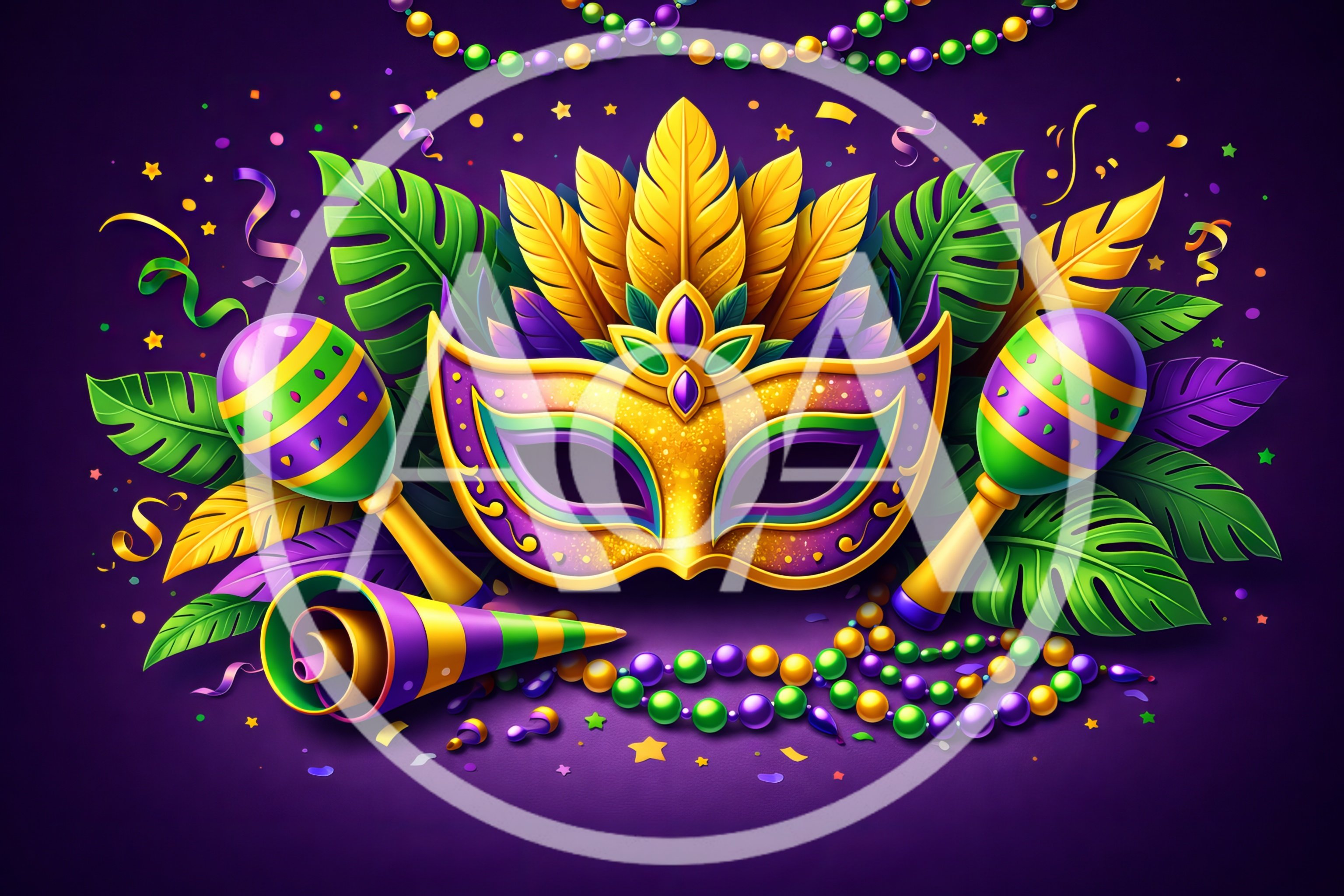 Mardi Gras Carnival Mask With Maracas And Beads