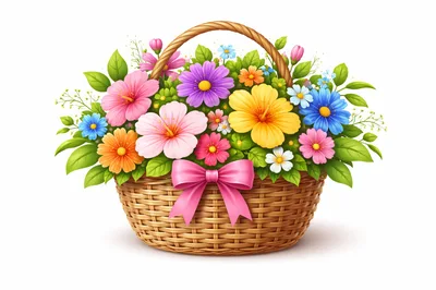 Wicker Basket Filled With Colorful Spring Flowers