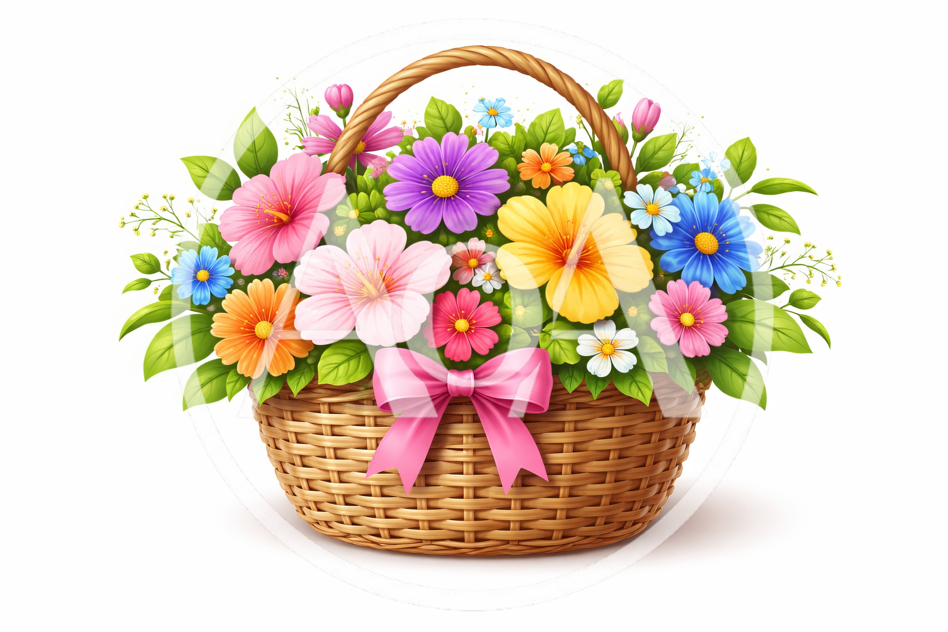 Wicker Basket Filled With Colorful Spring Flowers
