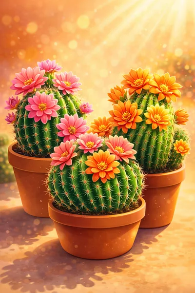 Three Potted Cacti With Vibrant Pink And Orange Flowers