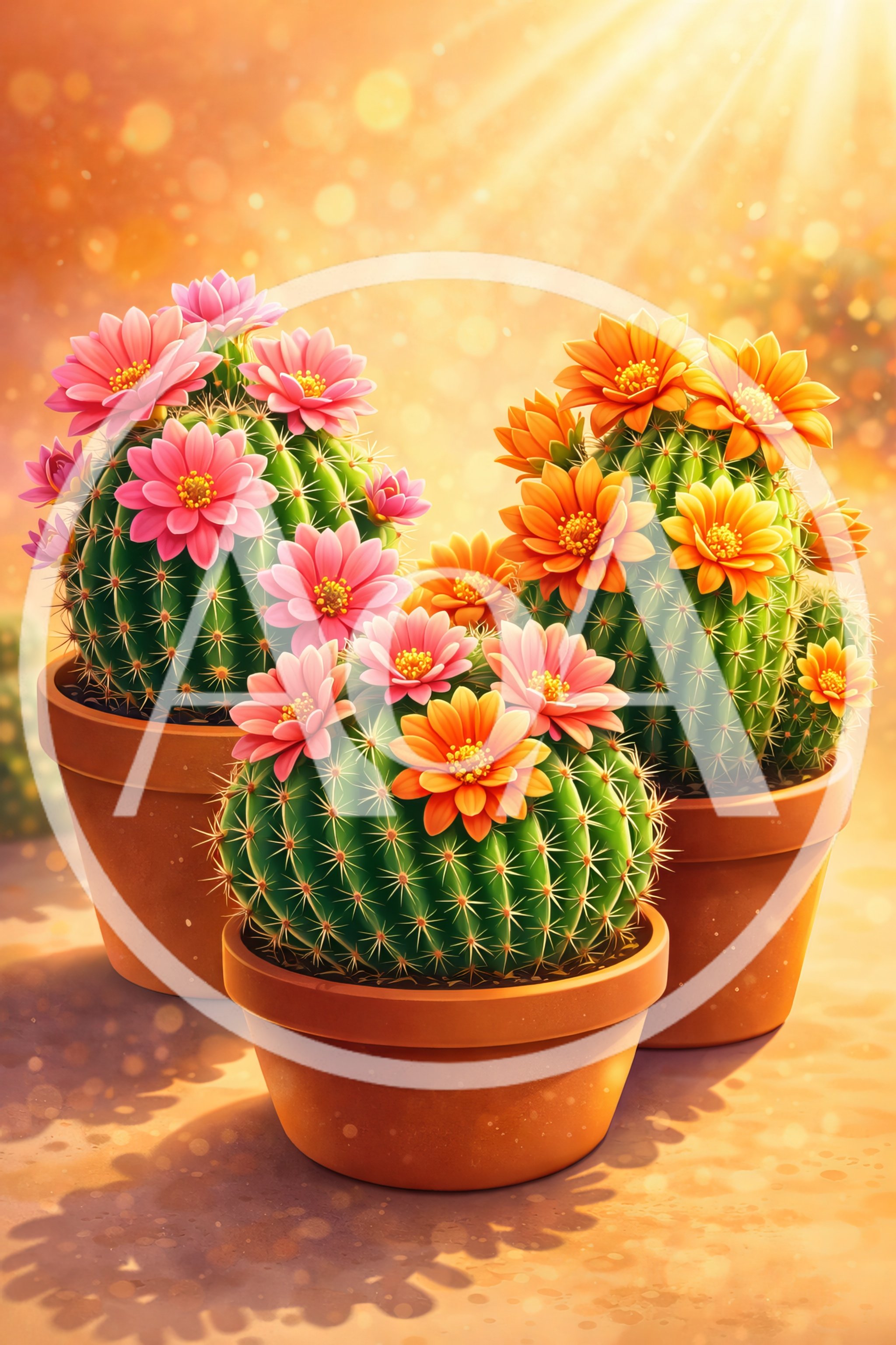 Three Potted Cacti With Vibrant Pink And Orange Flowers
