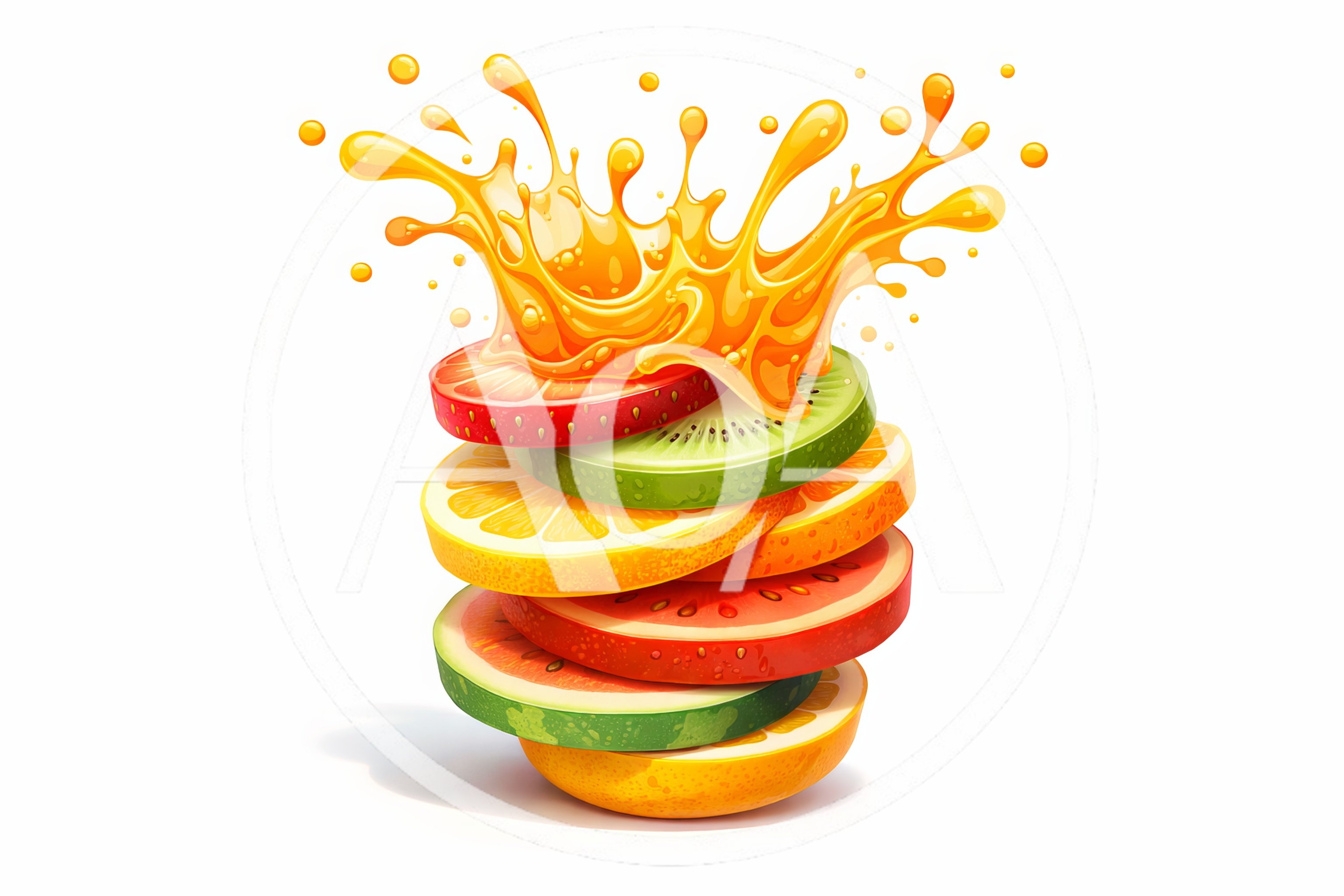 Stacked Fruit Slices With Dynamic Juice Splash