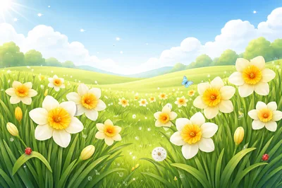 Spring Landscape With Blooming Daffodils And Blue Butterfly