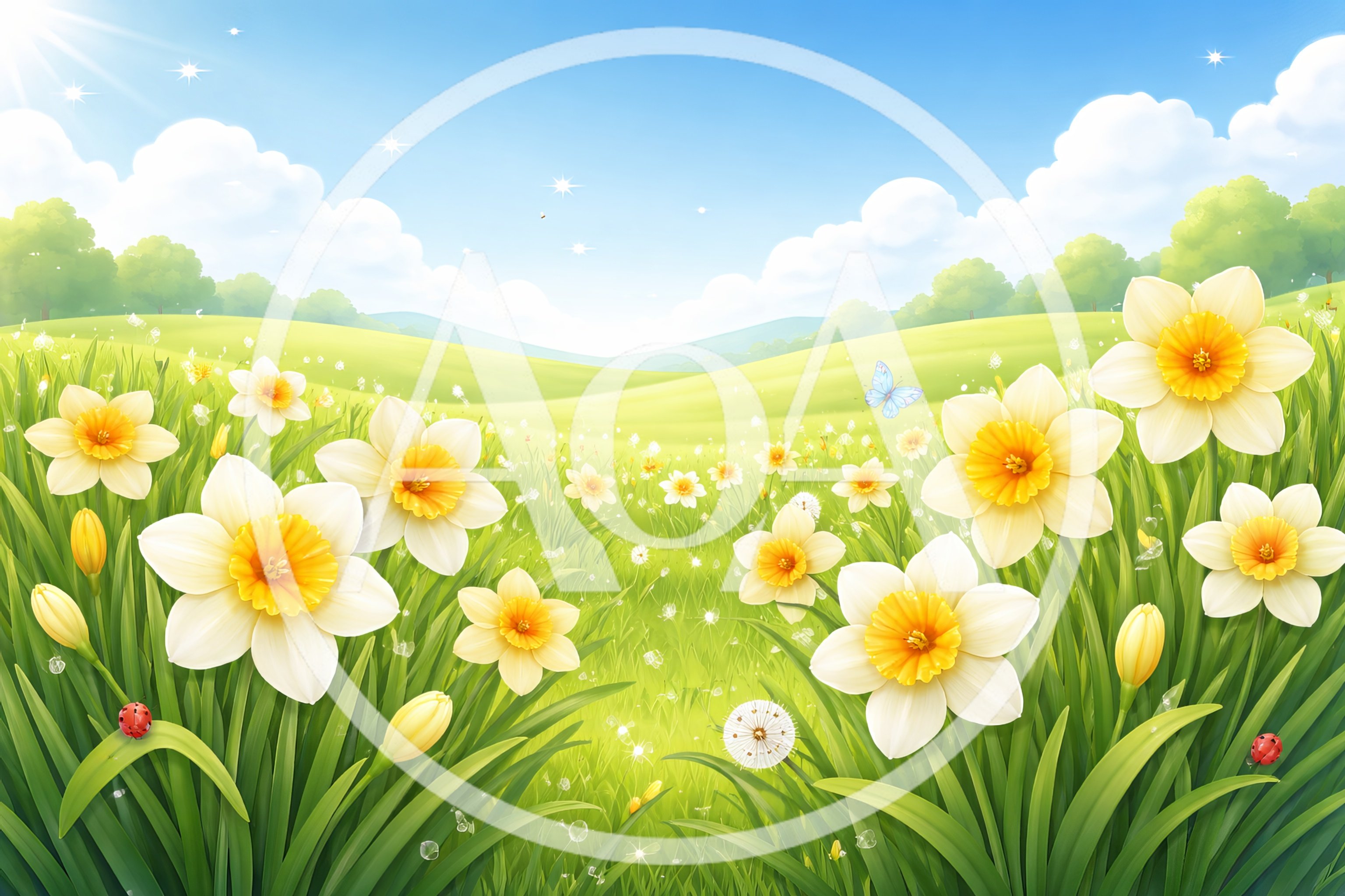 Spring Landscape With Blooming Daffodils And Blue Butterfly