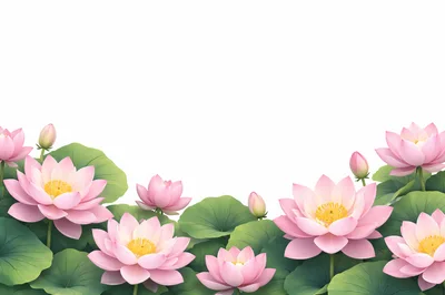 Pink Lotus Flowers With Green Leaves On White Background
