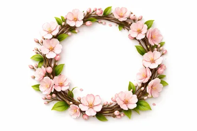 Cherry Blossom Wreath With Pink Flowers And Green Leaves