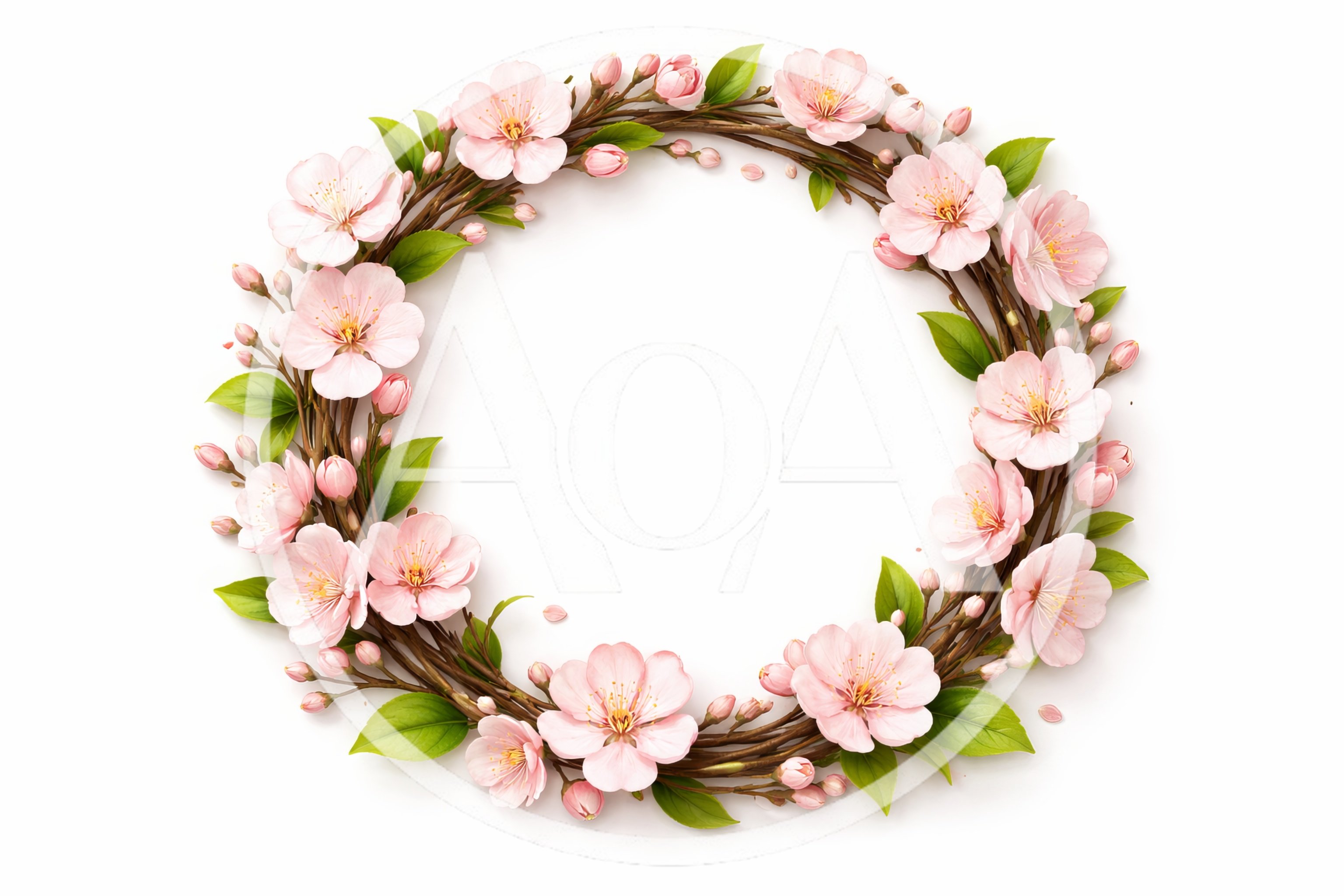 Cherry Blossom Wreath With Pink Flowers And Green Leaves