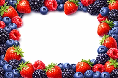 Fresh Berry Fruit Border Frame on White Background