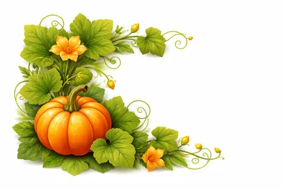Pumpkin With Green Leaves And Flowers Corner Border