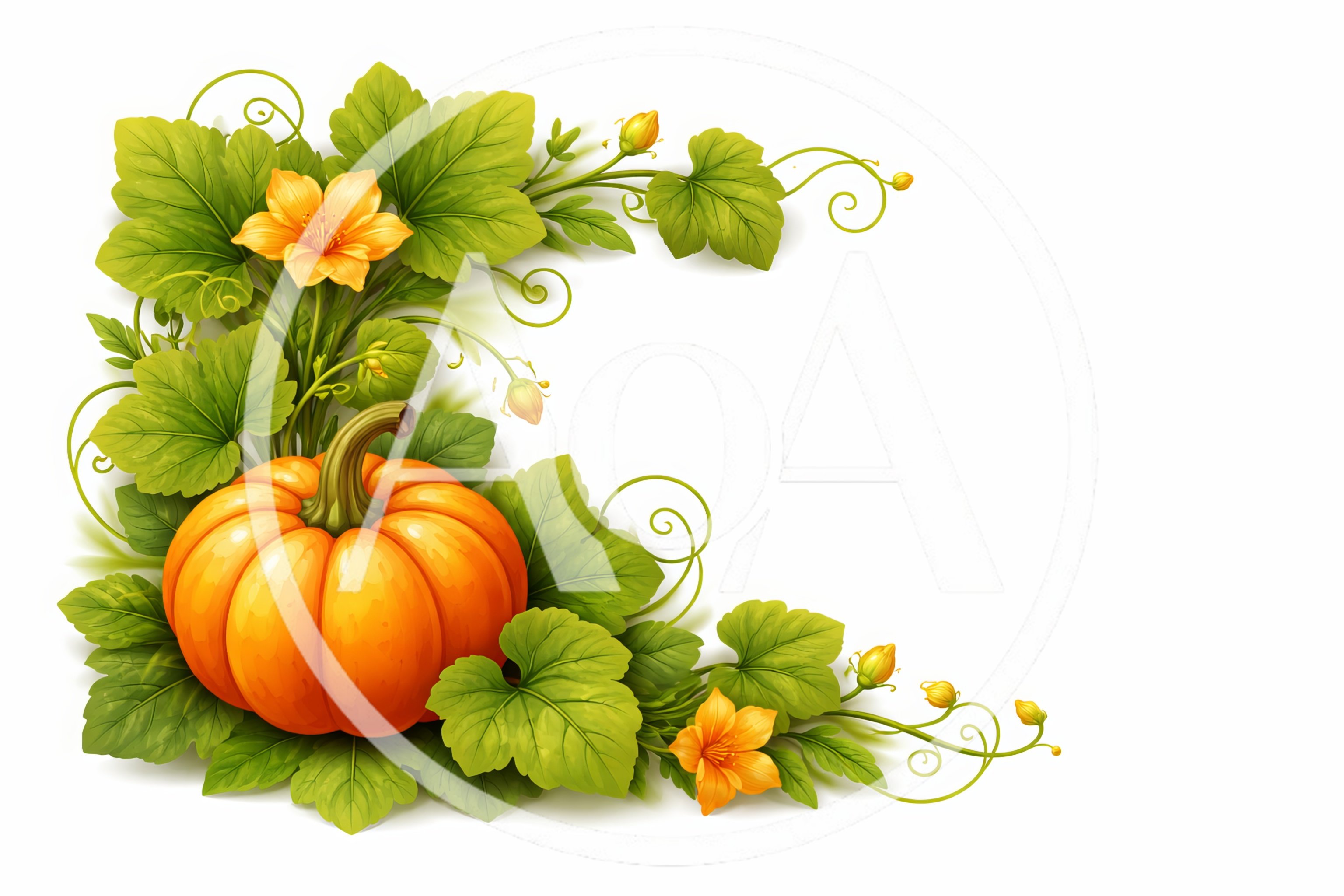 Pumpkin With Green Leaves And Flowers Corner Border