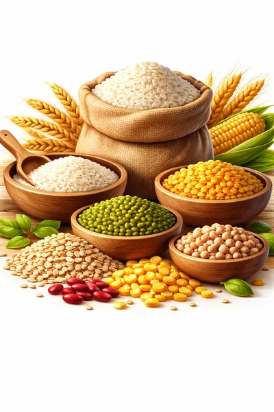 Assorted Grains and Legumes in Wooden Bowls