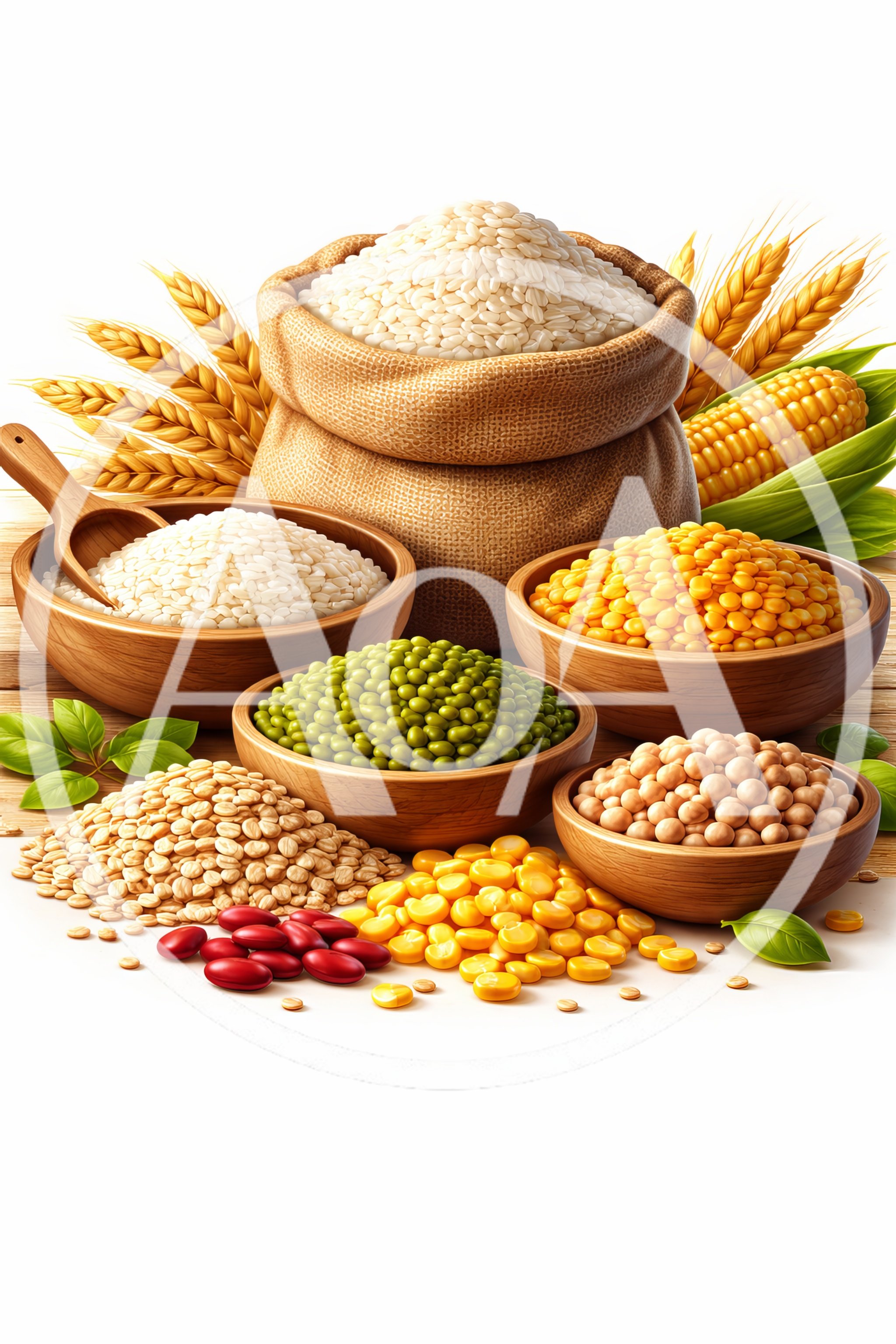 Assorted Grains and Legumes in Wooden Bowls