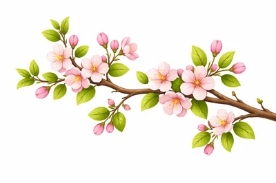 Cherry Blossom Branch With Pink Flowers And Green Leaves