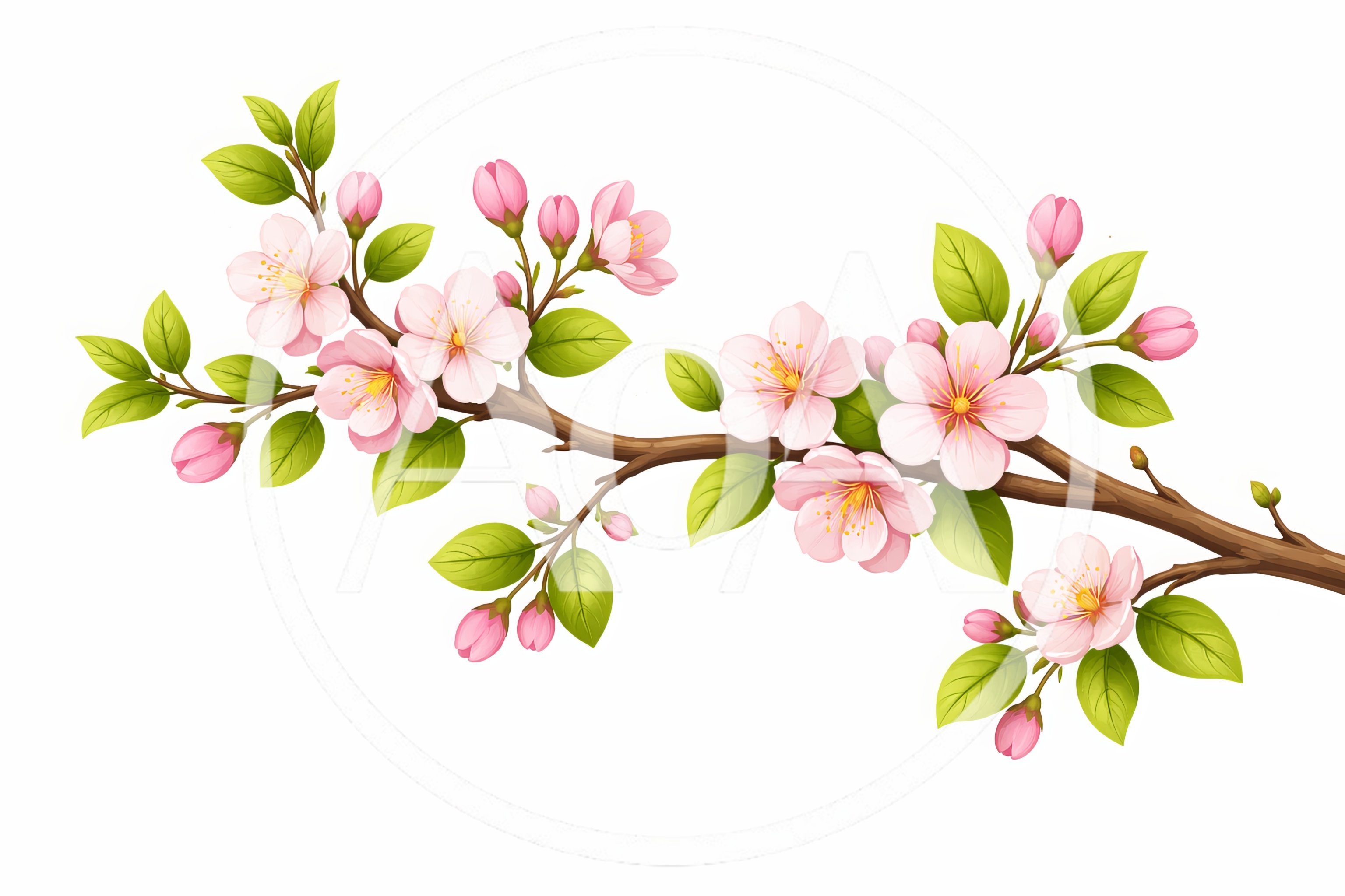 Cherry Blossom Branch With Pink Flowers And Green Leaves