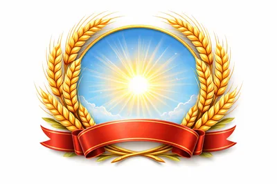 Golden Wheat Wreath Emblem With Red Ribbon