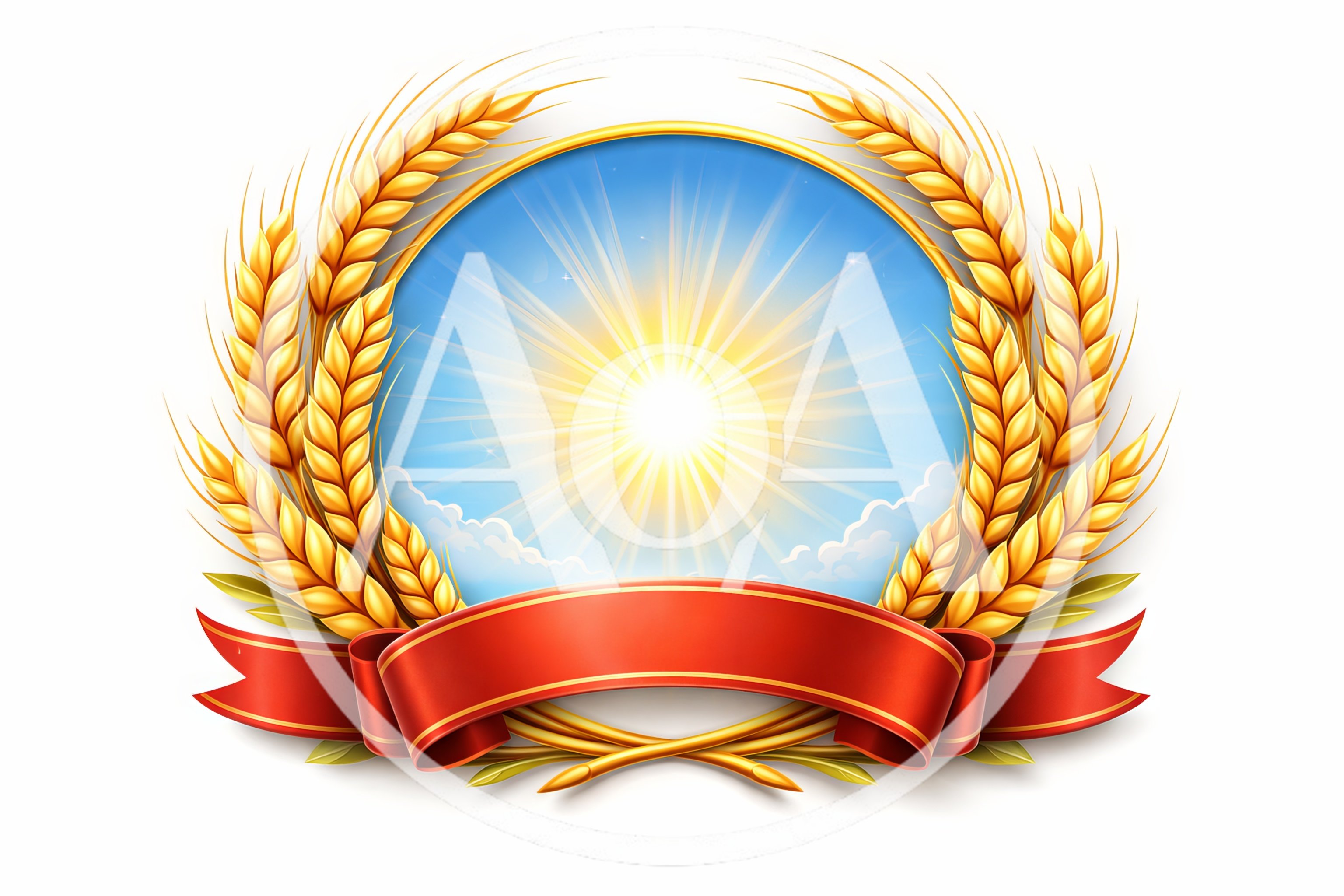 Golden Wheat Wreath Emblem With Red Ribbon