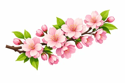 Cherry Blossom Branch With Pink Flowers And Green Leaves