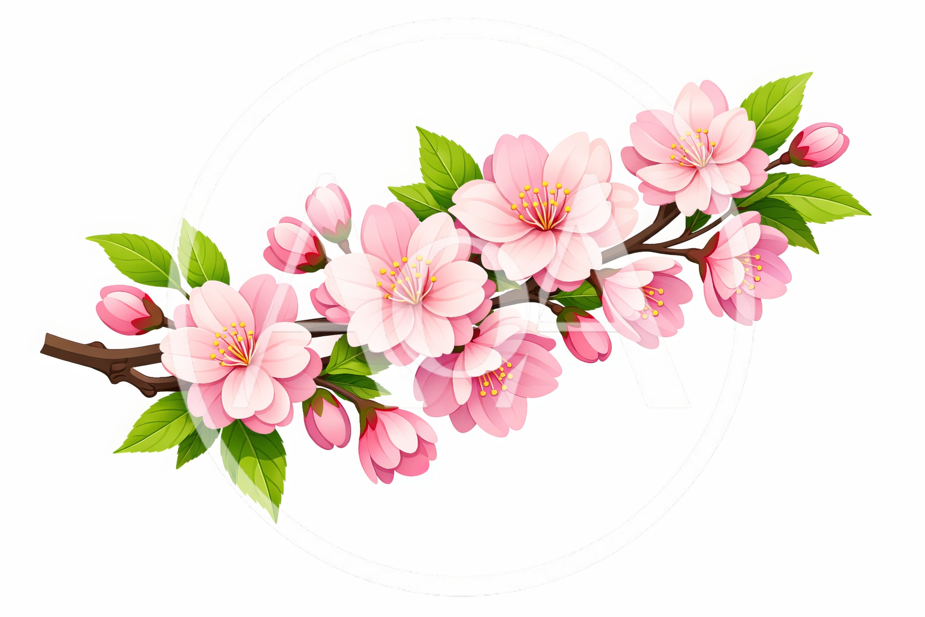 Cherry Blossom Branch With Pink Flowers And Green Leaves