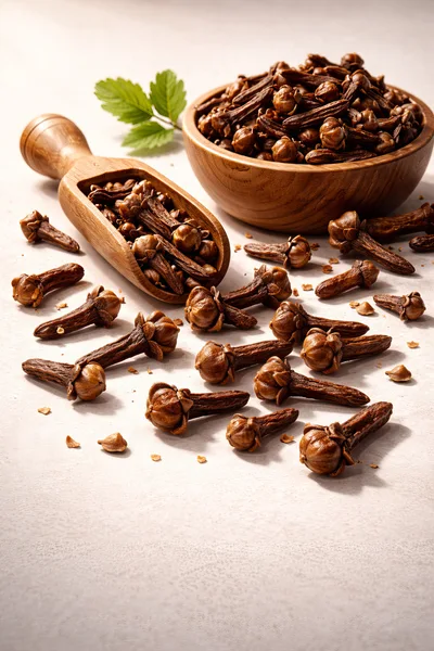 Dried Whole Cloves in Wooden Bowl and Scoop