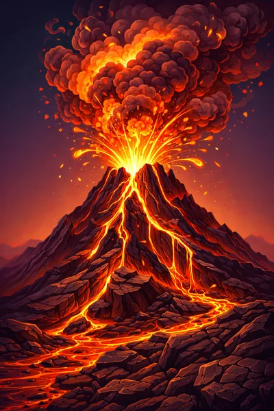 Volcanic Eruption With Molten Lava Flowing Down Mountain