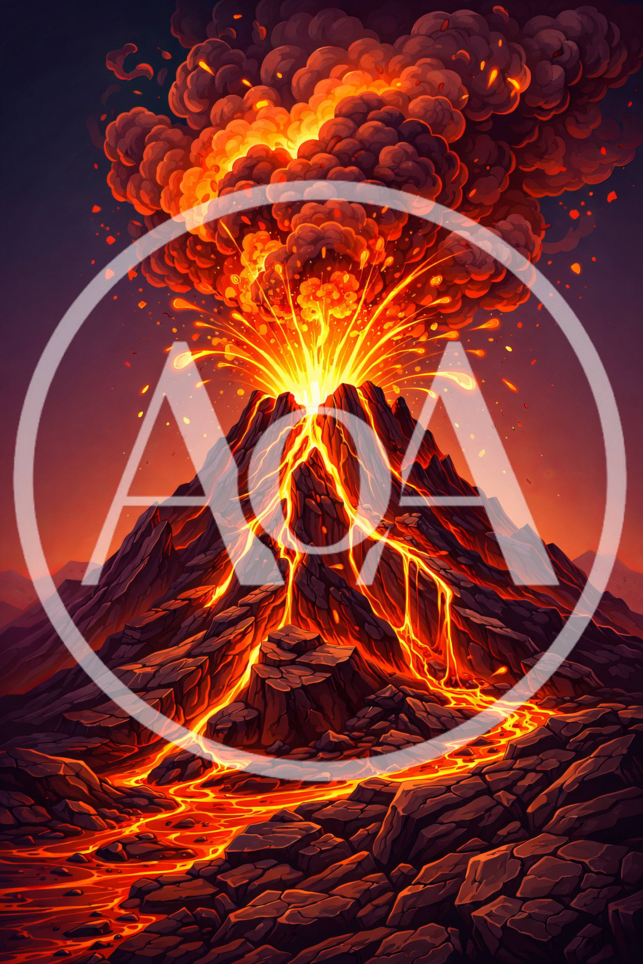 Volcanic Eruption With Molten Lava Flowing Down Mountain