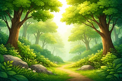 Sunlit Forest Path Through Lush Green Woodland