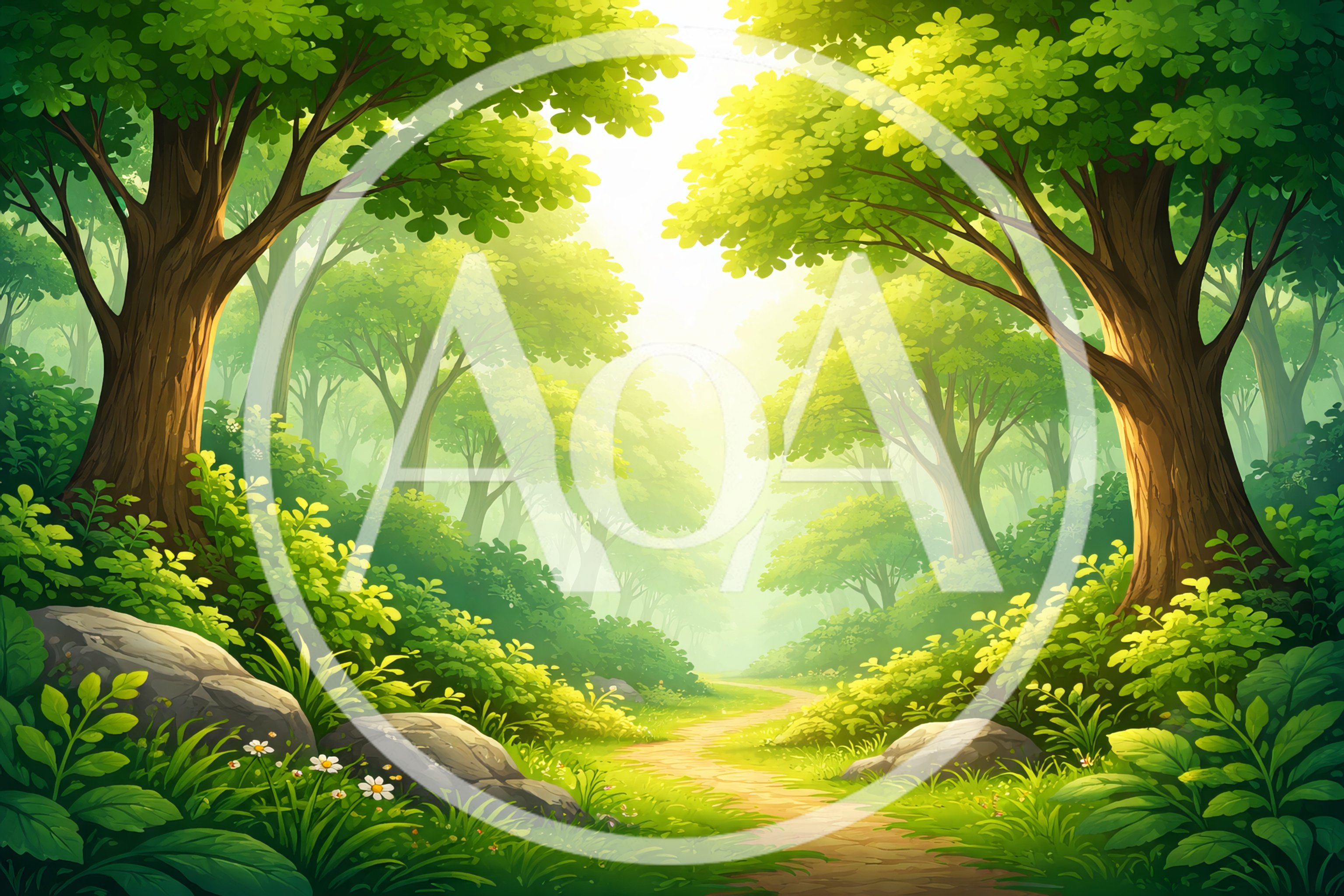Sunlit Forest Path Through Lush Green Woodland