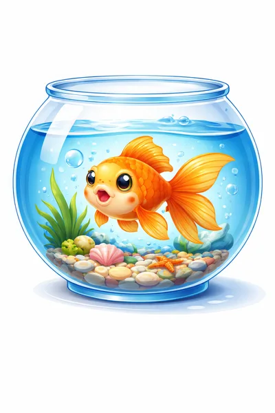 Cute Cartoon Goldfish Swimming In A Glass Bowl
