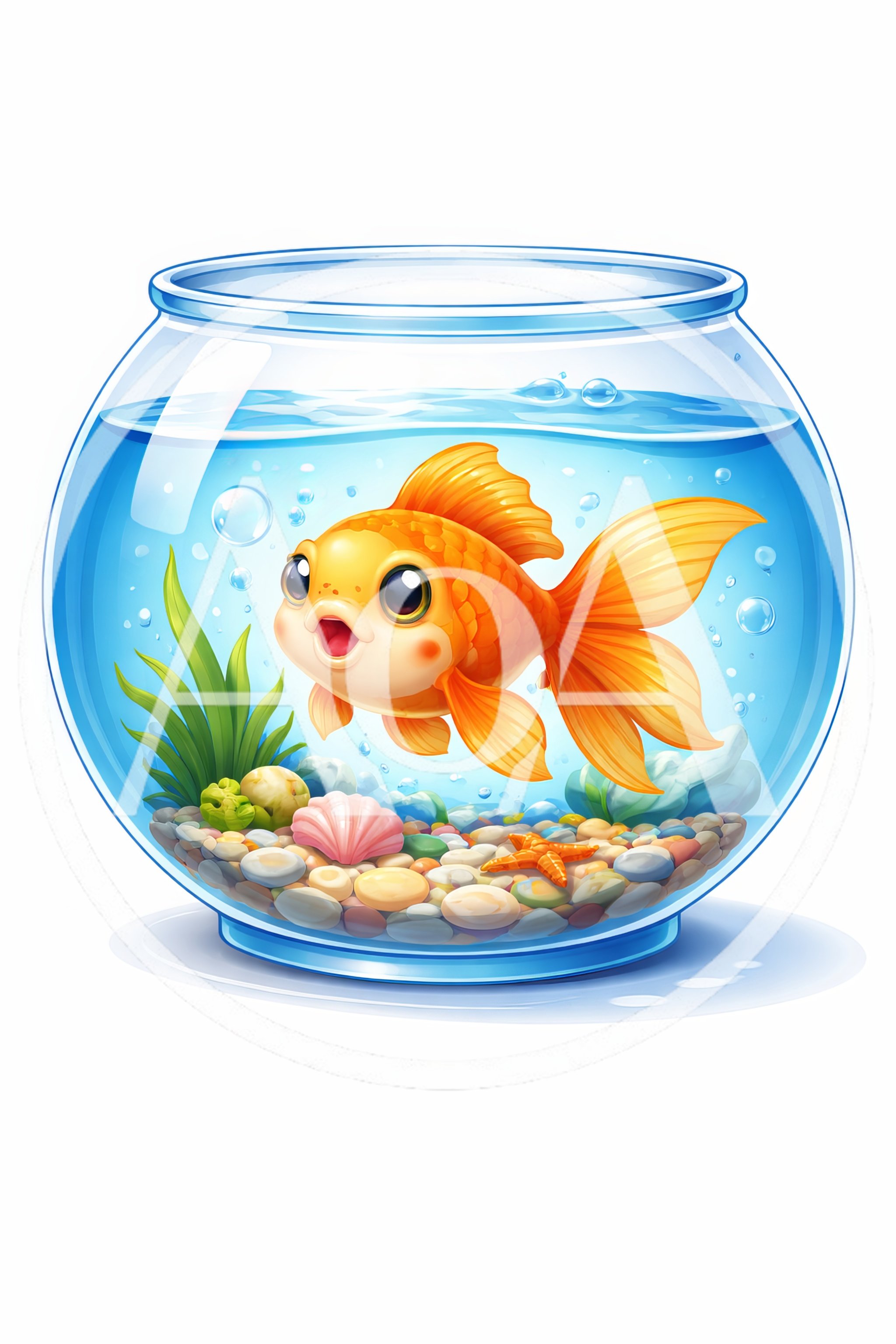 Cute Cartoon Goldfish Swimming In A Glass Bowl