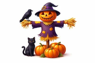 Halloween Scarecrow with Black Cat and Pumpkins