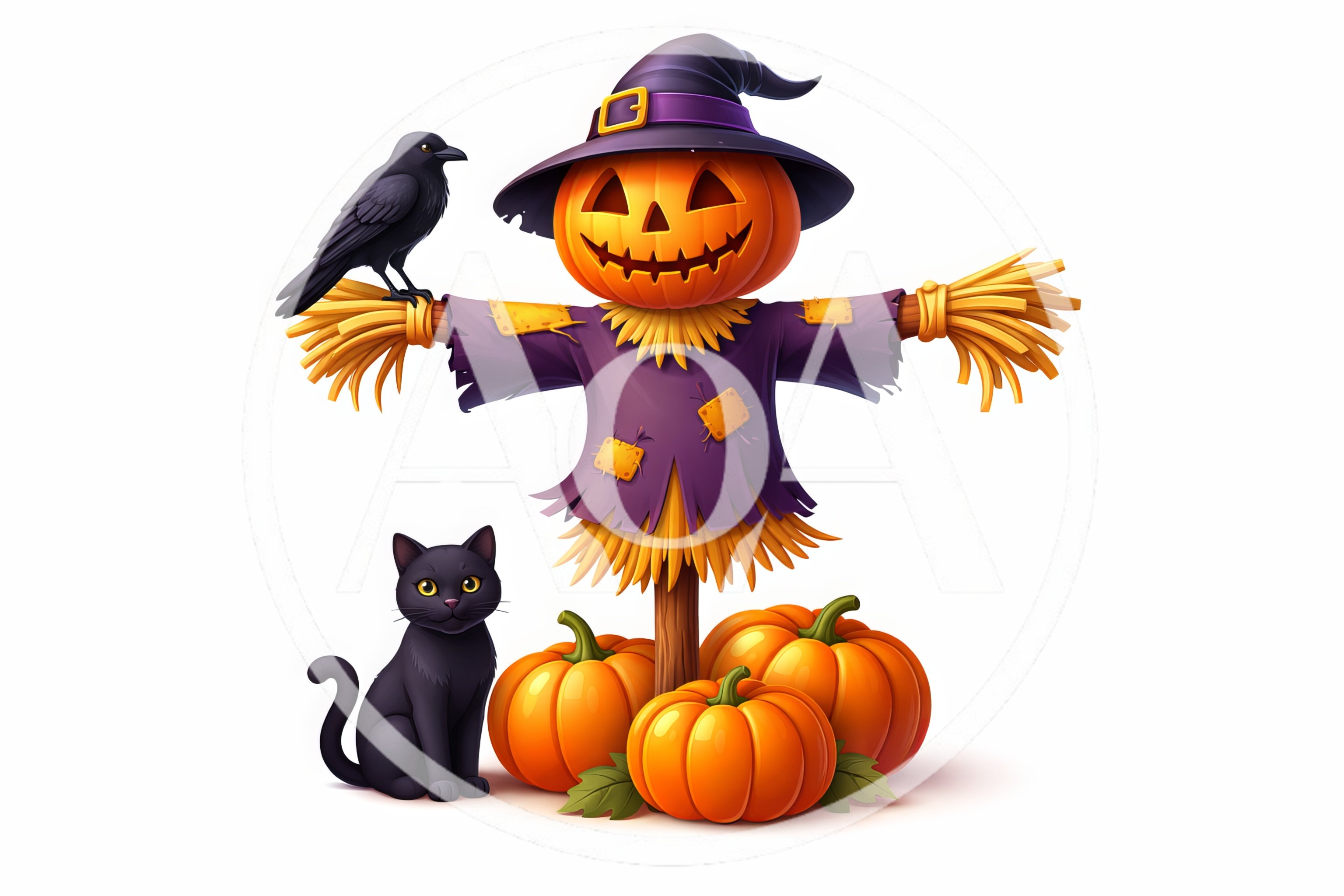 Halloween Scarecrow with Black Cat and Pumpkins