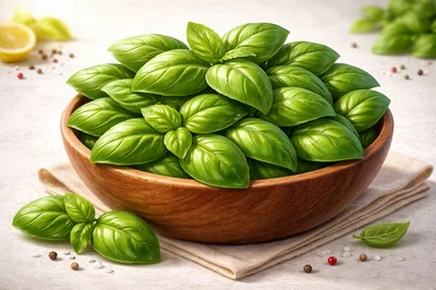 Fresh Green Basil Leaves In A Wooden Bowl