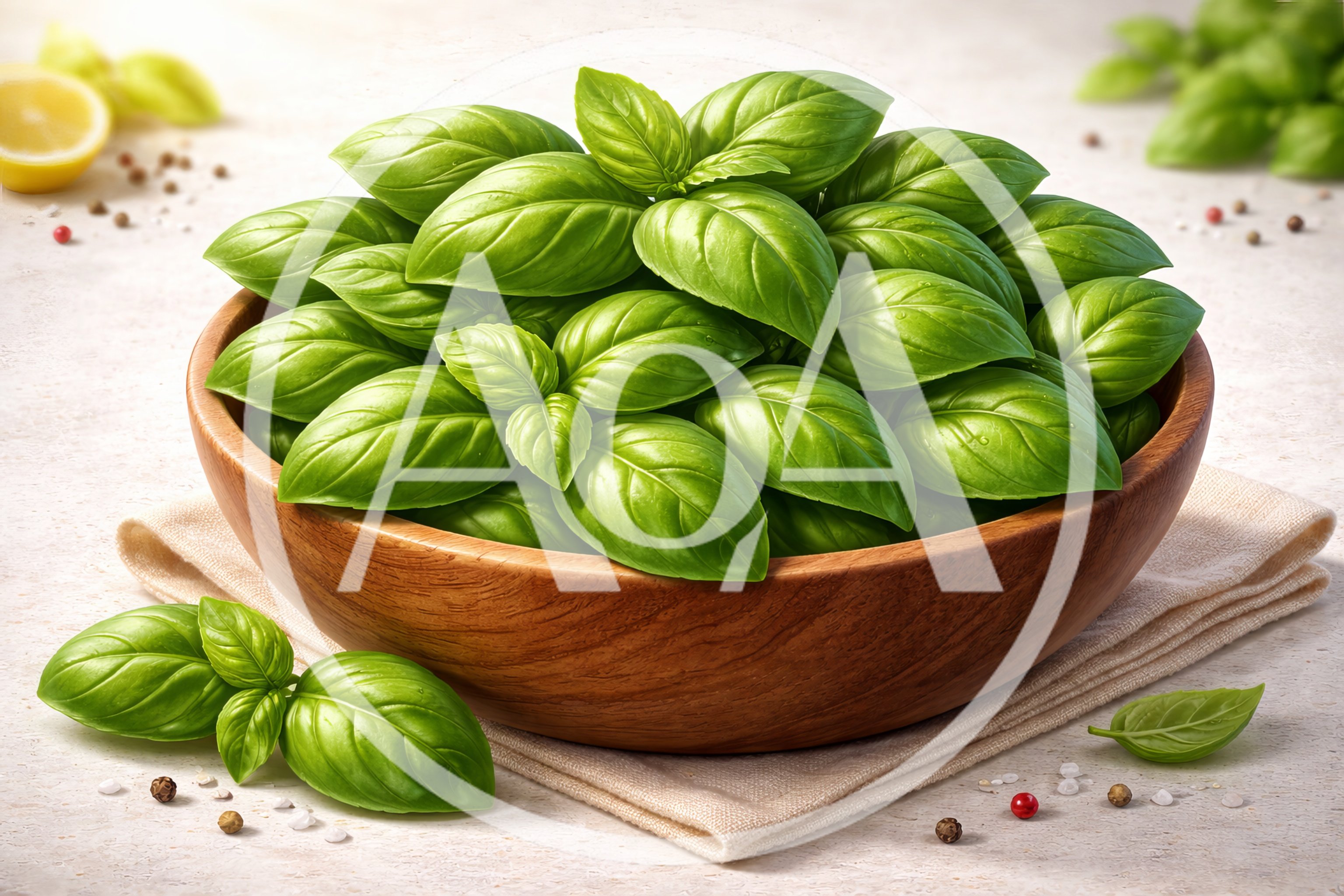 Fresh Green Basil Leaves In A Wooden Bowl