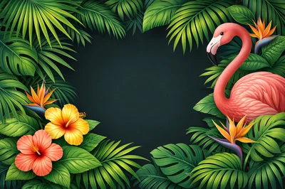 Tropical Flamingo Frame With Exotic Flowers And Leaves