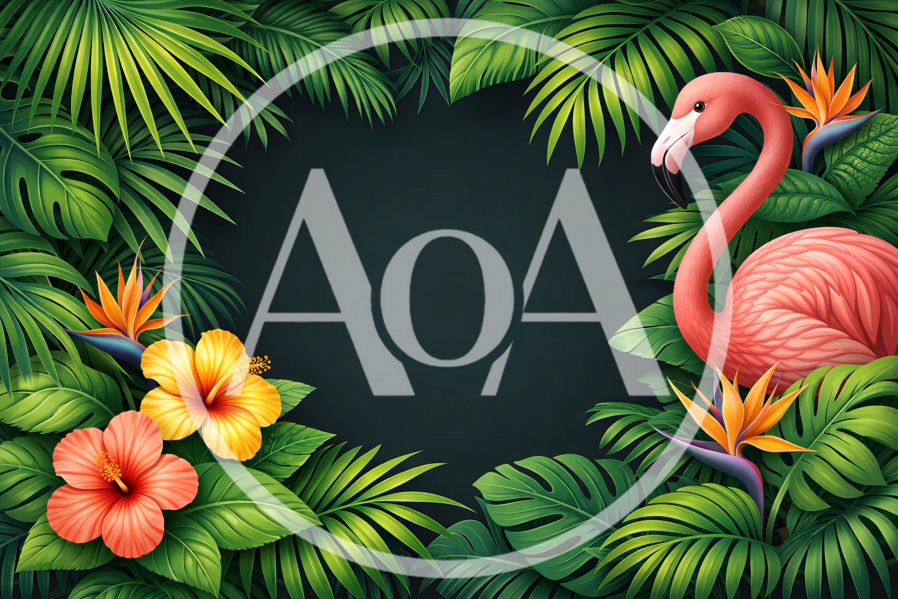 Tropical Flamingo Frame With Exotic Flowers And Leaves