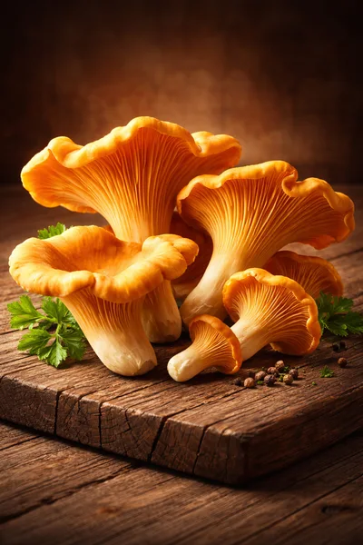 Fresh Chanterelle Mushrooms on a Rustic Wooden Board