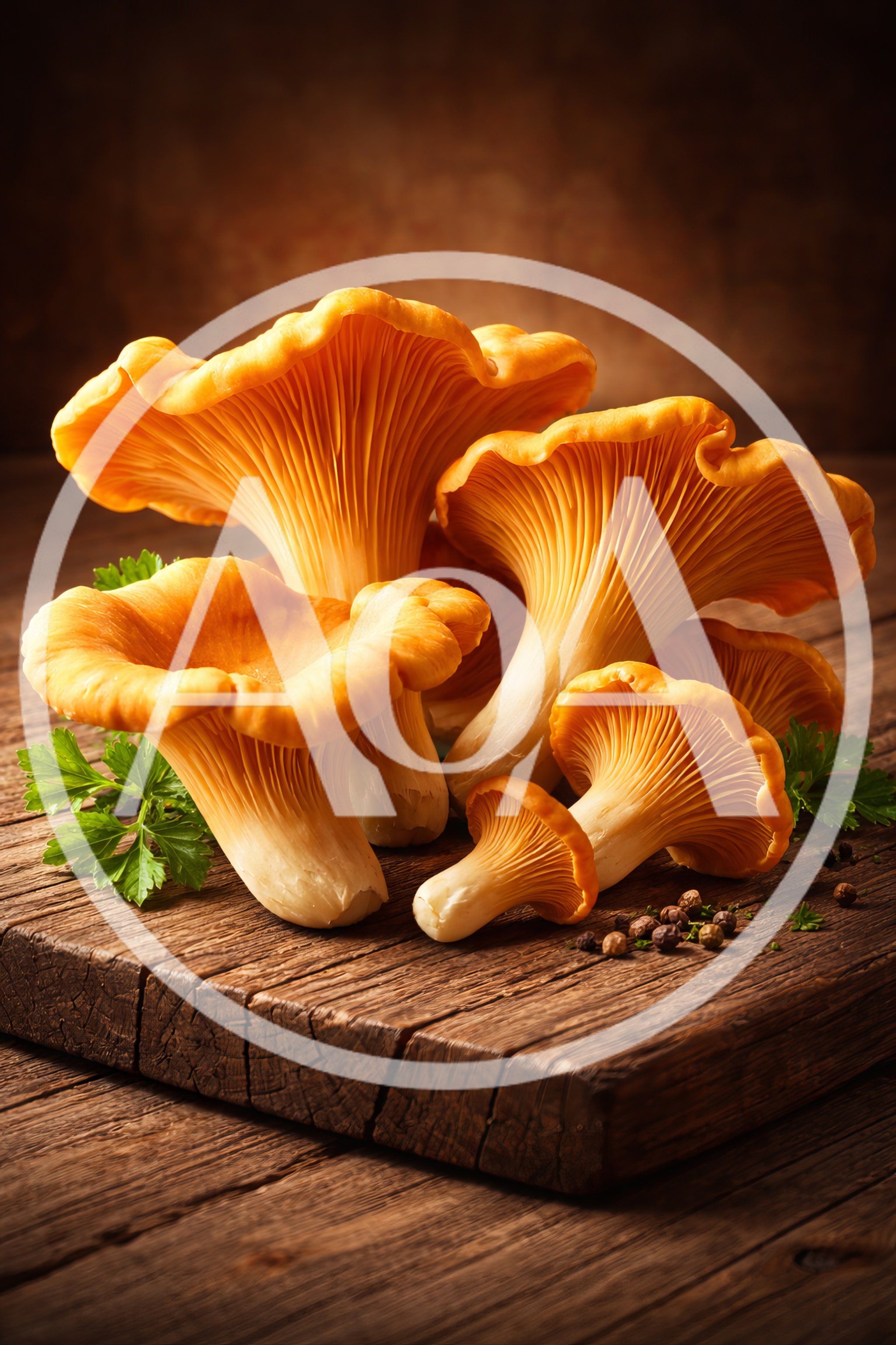 Fresh Chanterelle Mushrooms on a Rustic Wooden Board