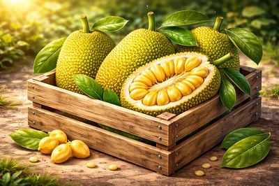 Fresh Ripe Jackfruit Harvest in Wooden Crate