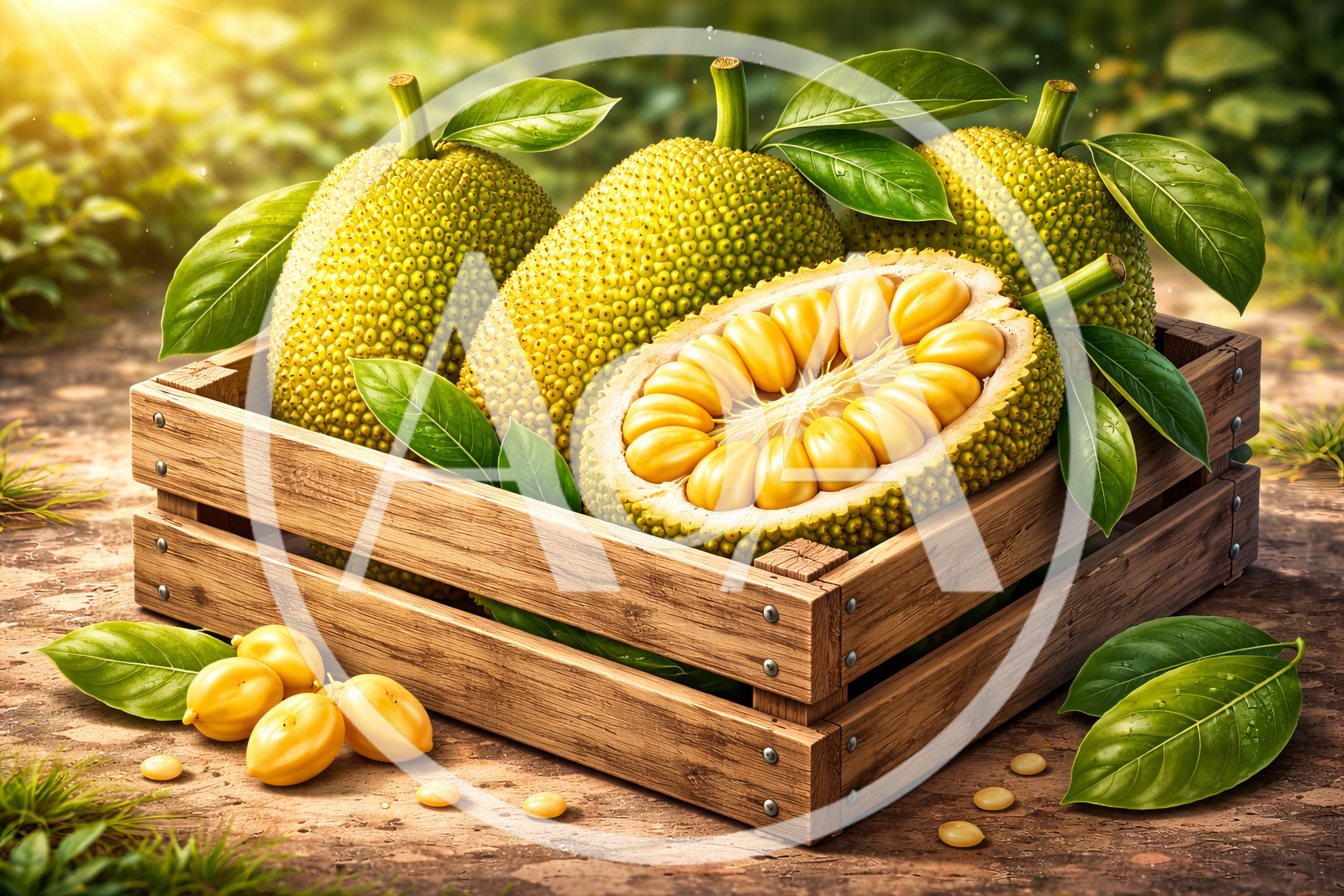 Fresh Ripe Jackfruit Harvest in Wooden Crate