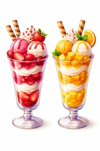Two Gourmet Fruit Sundaes In Glass Cups