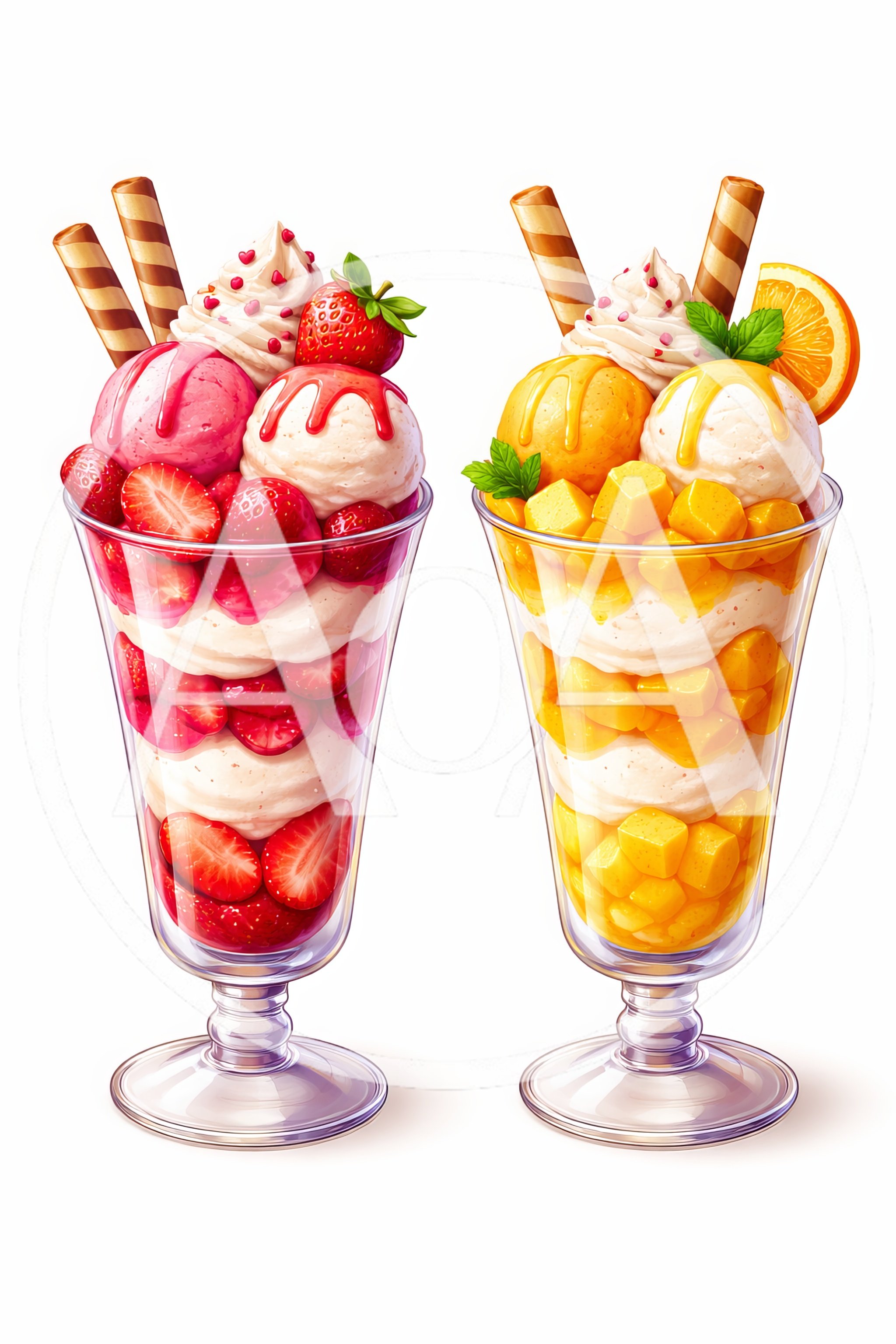 Two Gourmet Fruit Sundaes In Glass Cups