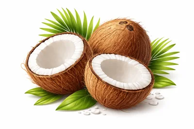Fresh Whole And Halved Coconuts With Green Palm Leaves