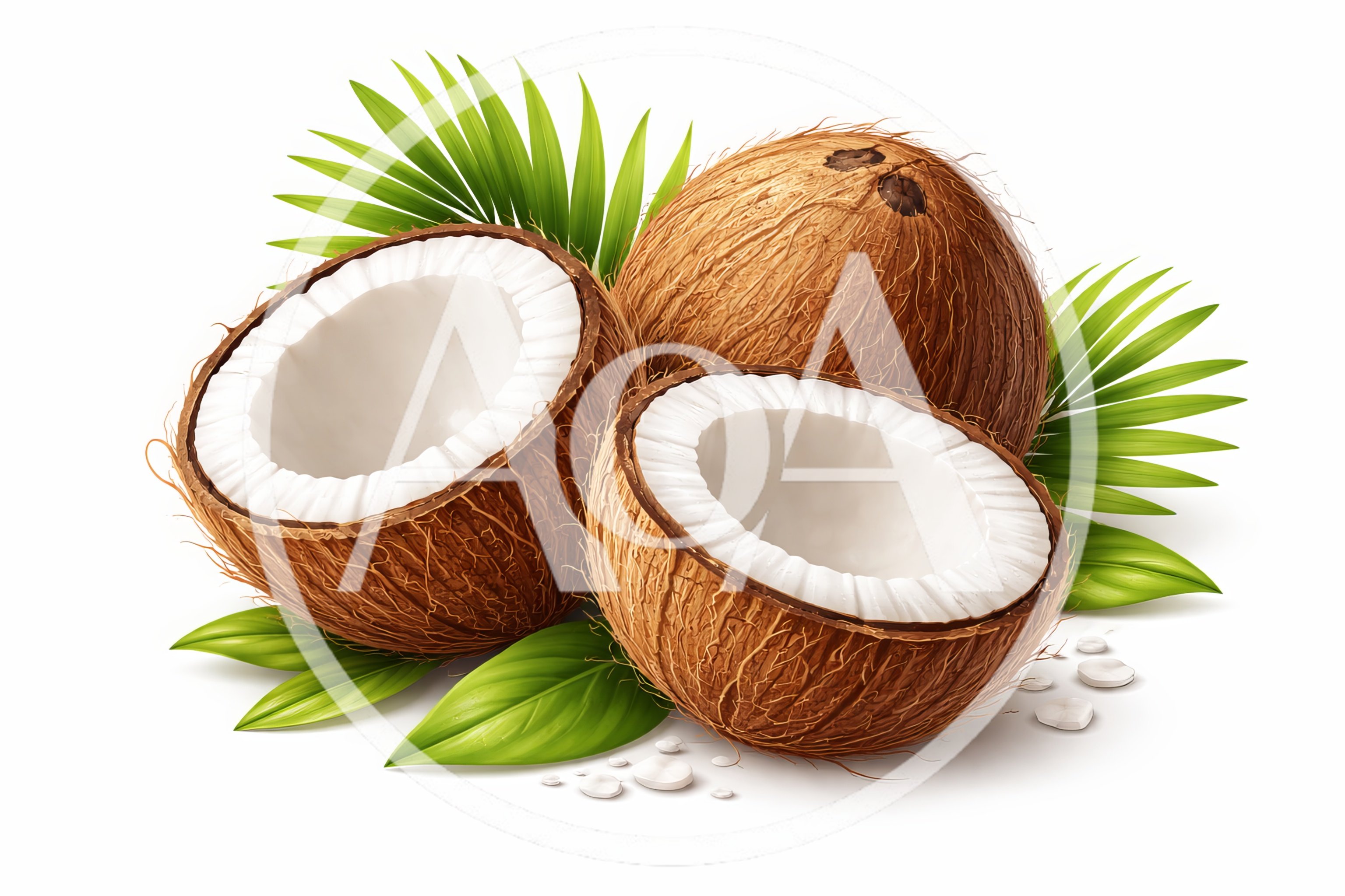 Fresh Whole And Halved Coconuts With Green Palm Leaves