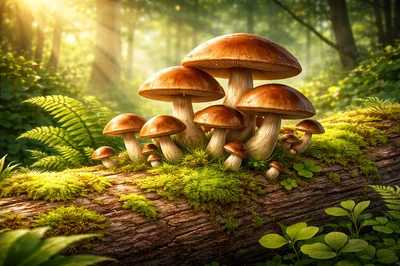Group Of Brown Mushrooms Growing On Mossy Log