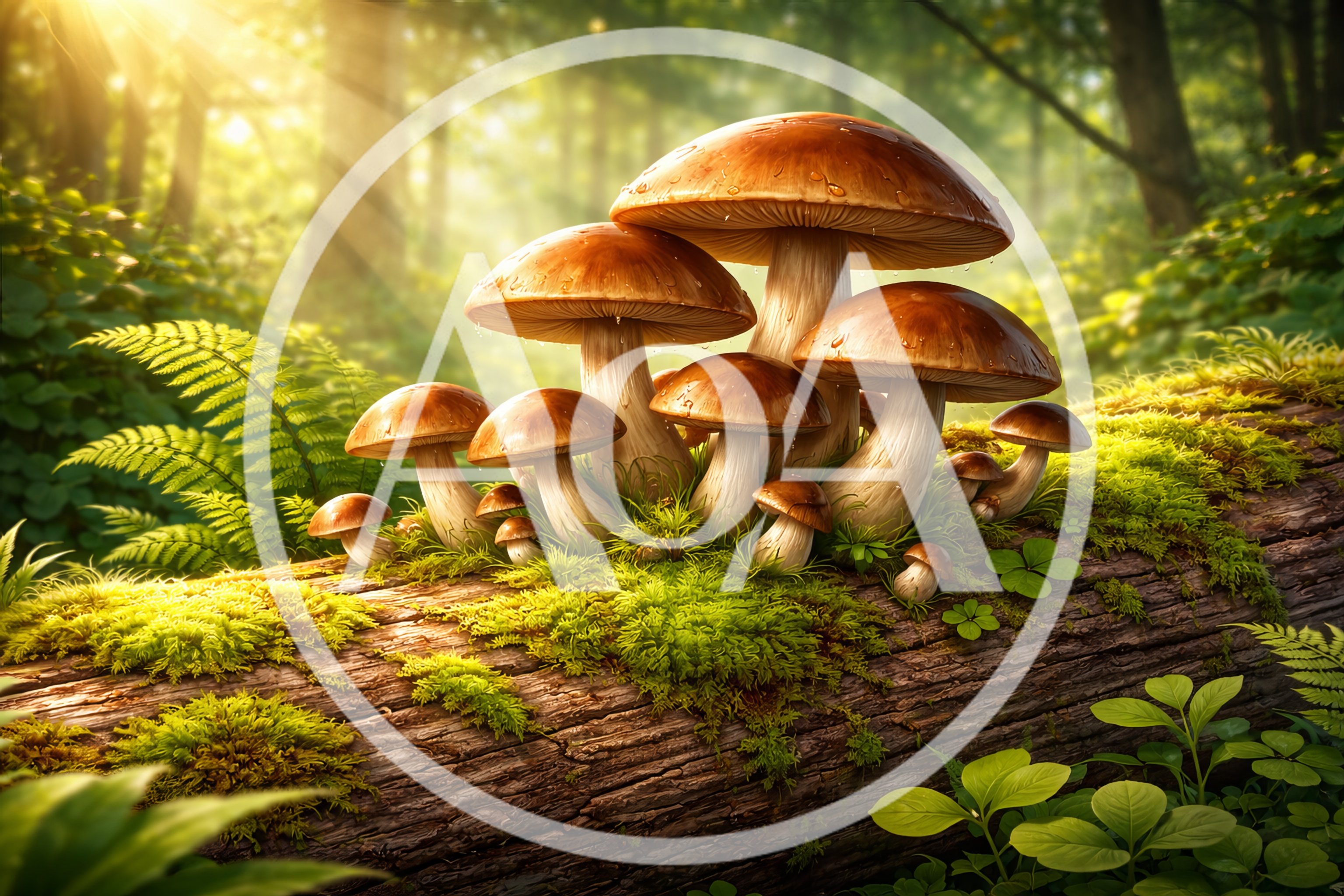 Group Of Brown Mushrooms Growing On Mossy Log