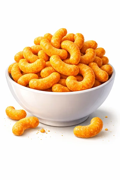 Bowl Of Crunchy Cheese Puffs On White Background