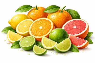 Assorted Fresh Citrus Fruits With Leaves On White Background
