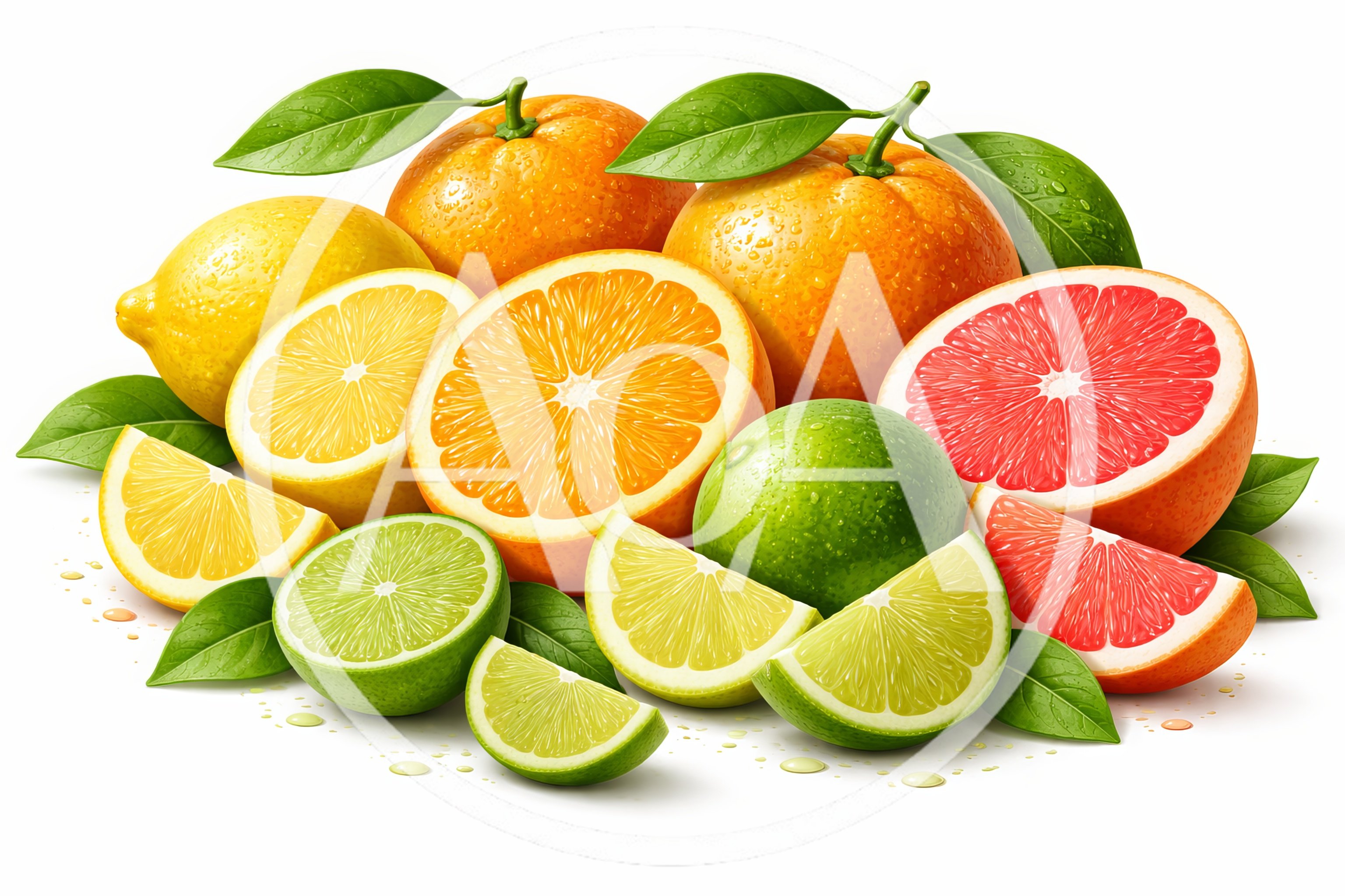 Assorted Fresh Citrus Fruits With Leaves On White Background