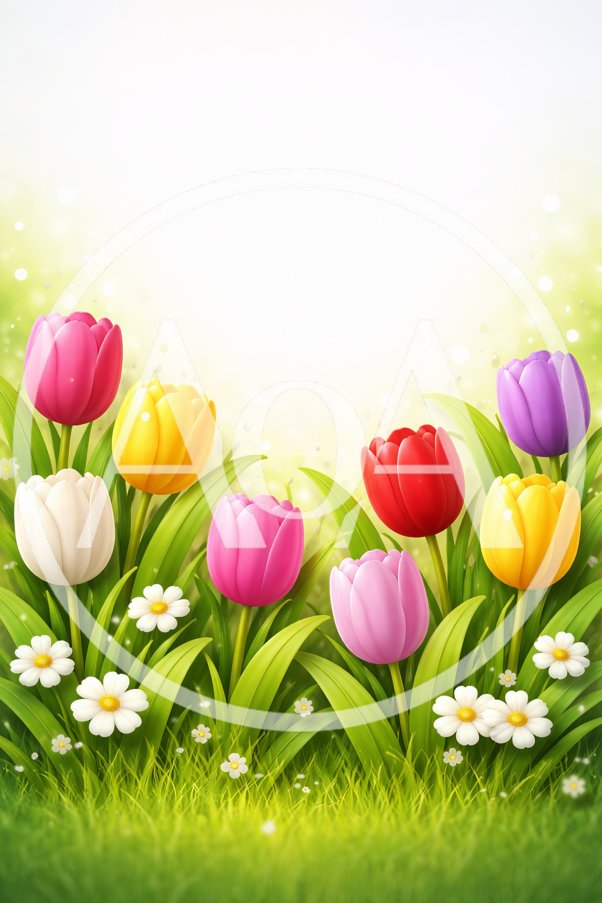 Colorful Spring Tulips And Daisies In A Sunny Meadow